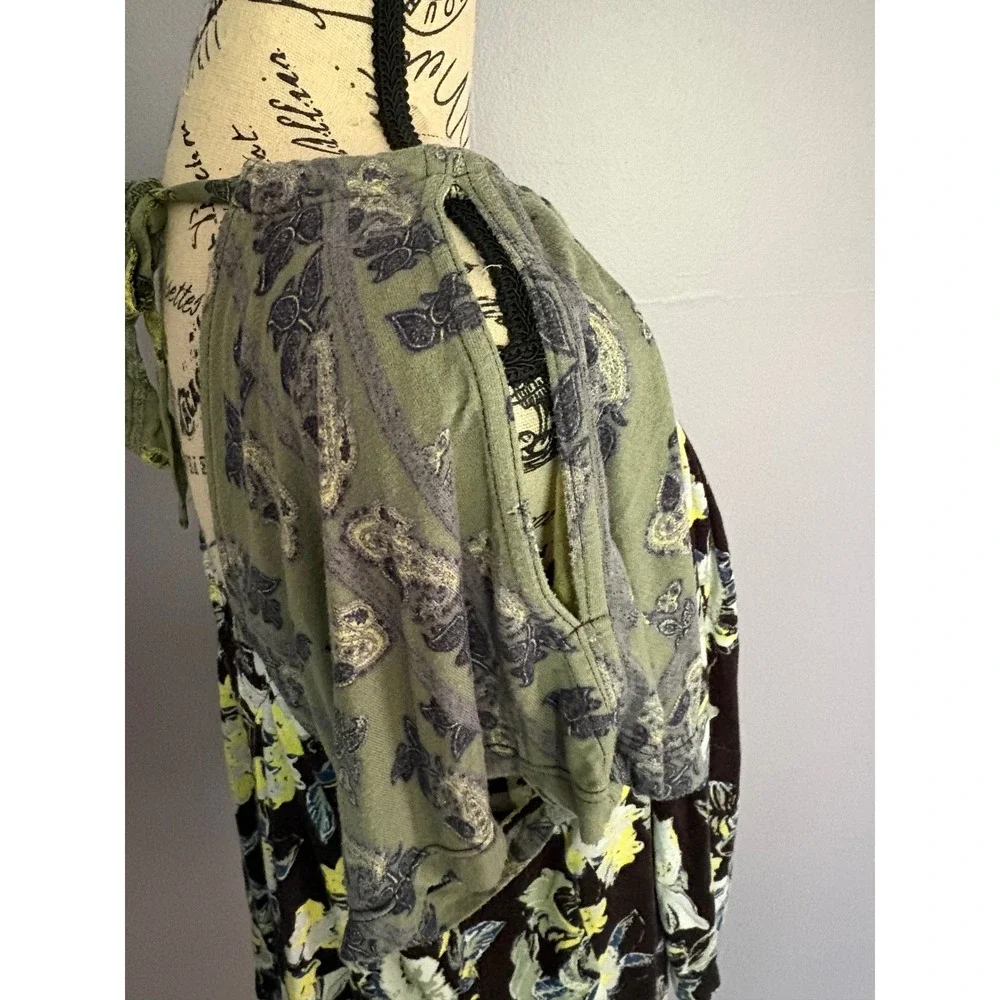 Free People Mixed Floral Paisley Cold Shoulder Open Back Tie‎ Top Green Black XS